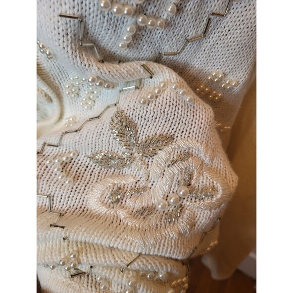 Vintage 90's/Y2K White/Silver Beaded Cardigan S Pearls Cottage Fairy Feminine - Picture 5 of 9